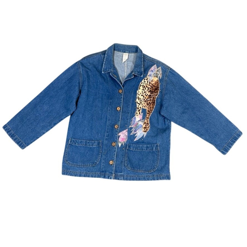Vintage Denim Leopard Patch Chore Jacket Medium Wash Studded Cotton USA Small